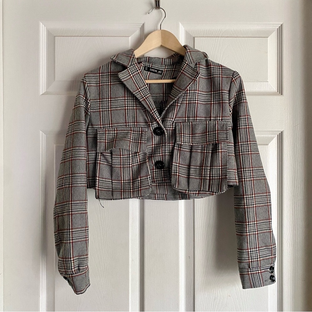 ‘SHEIN’ Grey Plaid Cropped Blazer size XS